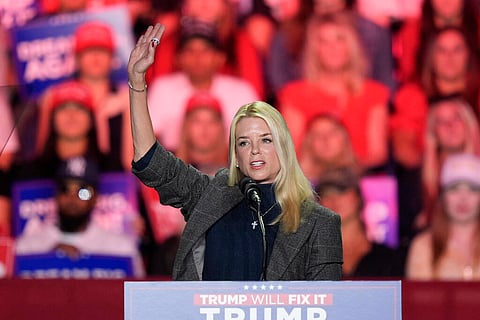 Former Florida Attorney General Pam Bondi, speaks before Republican presidential nominee former President Donald Trump arrives to speak at a campaign rally at First Horizon Coliseum, Saturday, Nov. 2, 2024, in Greensboro, NC. 