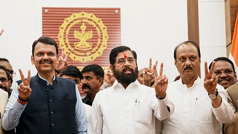 Maharashtra Chief Minister Devendra Fadnavis with Deputy Chief Ministers Eknath Shinde and Ajit Pawar.