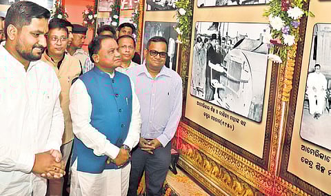CM Mohan Majhi going around the Dr Harekrushna Mahtab photo exhibition on his 125th birth anniversary at Rabindra Mandap in Bhubaneswar.