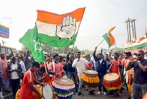 INDIA bloc supporters celebrating the alliance's win in Jharkhand.  