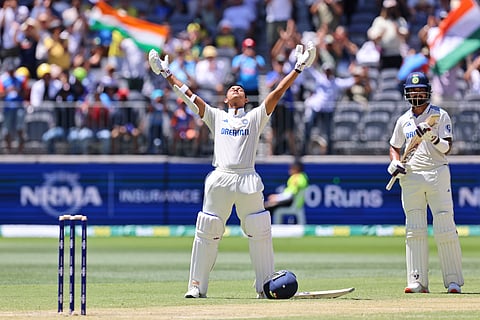 Yashasvi Jaiwsal celebrating his century against Australia.