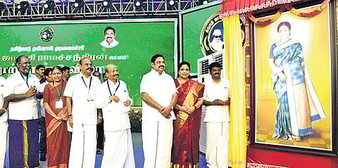 AIADMK general secretary Edappadi K Palaniswami unveiled a portrait of former chief minister Janaki Ramachandran on Sunday
