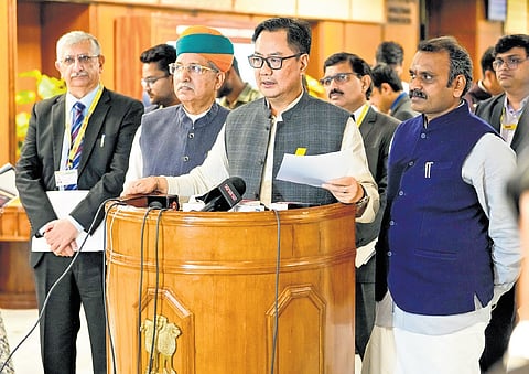Union Minister of Parliamentary Affairs Kiren Rijiju addresses media after an all-party meeting ahead of the winter session of Parliament, in New Delhi, Sunday.