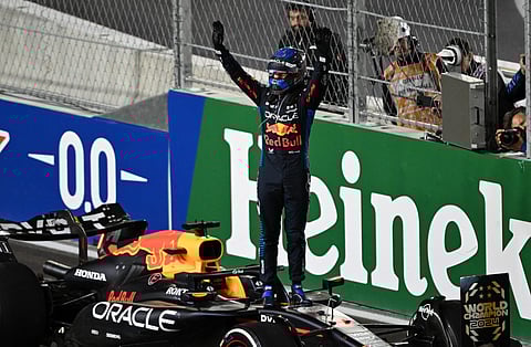 Red Bull Racing's Dutch driver Max Verstappen celebrates his fourth consecutive Formula One world title after the Las Vegas Formula One Grand Prix in Las Vegas.