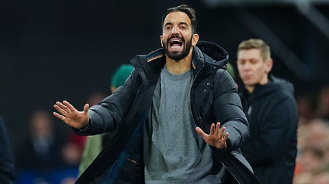 Manchester United's head coach Ruben Amorim gestures during the English Premier League soccer match between Ipswich Town and Manchester United at Portman Road stadium in Ipswich.