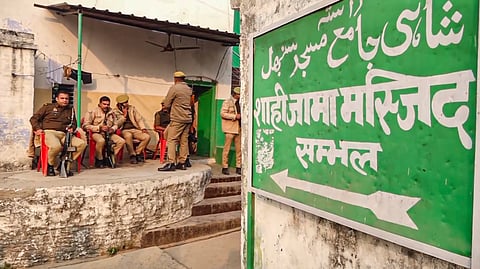 Security personnel deployed to maintain law and order, a day after clashes between police and protesters opposing the survey of the Jama Masjid, in Sambhal, Uttar Pradesh, Monday, Nov. 25, 2024. 