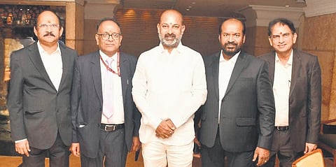 Minister of State for Home Affairs Bandi Sanjay Kumar along with Repco Bank authorities in Hyderabad