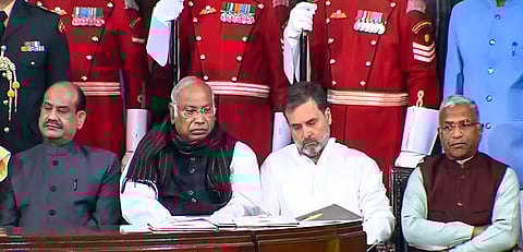 President Droupadi Murmu, Vice President Jagdeep Dhankhar, Prime Minister Narendra Modi, Lok Sabha Speaker Om Birla, LoP in the Rajya Sabha Mallikarjun Kharge and LoP in the Lok Sabha Rahul Gandhi during 'Samvidhan Divas' function at Samvidhan Sadan, in New Delhi, Tuesday, Nov. 26, 2024.