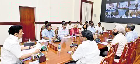 CM Stalin chairing a review meeting at the secretariat 