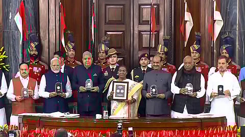 President Droupadi Murmu, Vice President Jagdeep Dhankhar, Prime Minister Narendra Modi, Lok Sabha Speaker Om Birla, LoP in the Rajya Sabha Mallikarjun Kharge and LoP in the Lok Sabha Rahul Gandhi during 'Samvidhan Divas' function at Samvidhan Sadan, in New Delhi, Tuesday, Nov. 26, 2024.