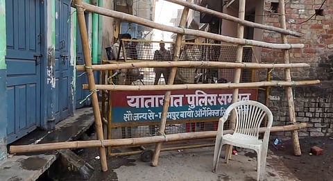 A lane barricaded as Police personnel continue to keep vigil two days after violence broke out during a court-ordered survey of a Mughal-era mosque, in Sambhal district of Uttar Pradesh.