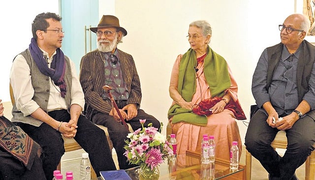 (L-R) Critic and curator of the ‘A Show of Hands’ exhibition, Ranjit Hoskote, with artists Ranbir Kaleka, Nilima Sheikh and Atul Dodiya at Vadehra Art Gallery, Delhi