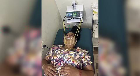 Megha Renjith receiving treatment from an ayurveda hospital at Prayar near Kayamkulam