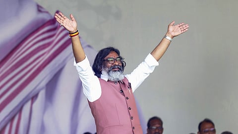 Jharkhand Chief Minister Hemant Soren waves at supporters during his swearing-in ceremony, in Ranchi, Thursday, Nov. 28, 2024. 