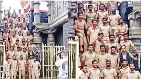 Police personnel on duty at Sabarimala pose for a photograph on the holy steps