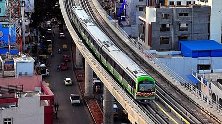 A train on the Green Line of Namma Metro's Phase-1. 
