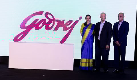 Nyrika Holkar, Jamshyd Godrej and Anil Varma unveiling the new brand identity in Mumbai today