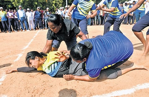 Women cops play kabaddi at the 
Police Sports Meet 