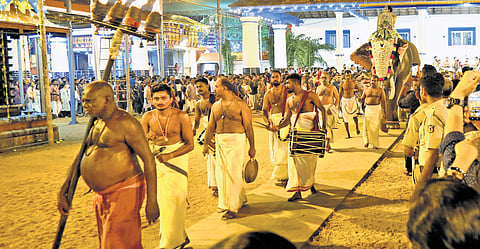 The procession taken out as part of Vrishchikolsavam at Sree Poornathrayeesa temple, Tripunithura, on Friday