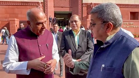 Chairman of Joint Parliamentary Committee on Waqf Bill Jagdambika Pal meets TMC MP and JPC member Kalyan Banerjee outside Parliament in New Delhi, Tuesday, Nov. 26, 2024.