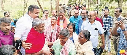 Kothamangalam MLA Antony John with the three women who were rescued from Kuttampuzha forest on Friday morning.