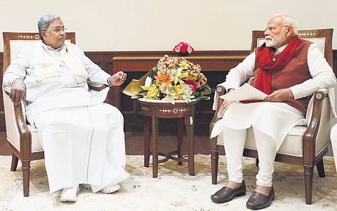 Chief Minister Siddaramaiah holds deliberations with Prime Minister Narendra Modi in New Delhi on Friday | Express