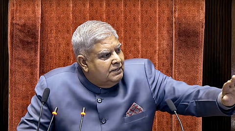 Rajya Sabha Chairman Jagdeep Dhankhar conducts proceedings in the House during the Winter session of Parliament, in New Delhi, Thursday, Nov. 28, 2024.