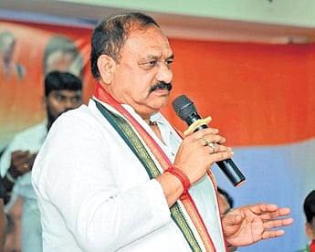 TPCC chief Mahesh Kumar Goud at the Adivasi Congress meeting on Saturday