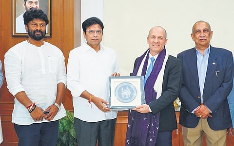 Israel Ambassador Reuven Azar with IT Minister D Sridhar Babu at the Secretariat in Hyderabad on Friday
