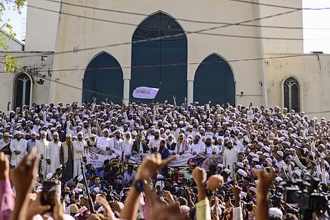 Hefazat-e-Islam supporters stage a protest after Friday prayers at Baitul Mukarram National Mosque, demanding an immediate ban on International Society for Krishna Consciousness (ISKCON) in Dhaka, Bangladesh, Friday, Nov. 29, 2024.