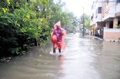 Several streets in AGS Colony in Velachery remained under knee-deep water following heavy rain on Saturday.