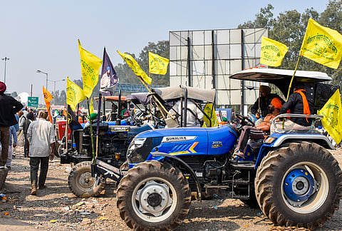 Farmers at the Punjab-Haryana Shambhu border during farmers' 'Delhi Chalo' protest, near Patiala district, Saturday, Feb. 17, 2024