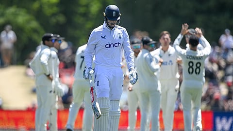 England's Zak Crawley walks from the field after he was dismissed during play on the fourth day of the first cricket test between England and New Zealand.