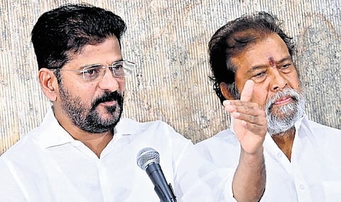 CM A Revanth Reddy speaks during a press meet at his residence on Sunday