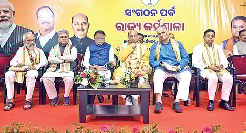 Chief Minister Mohan Majhi and state BJP president Manmohan Samal along with senior leaders and observers at the organisational workshop on Saturday | Express