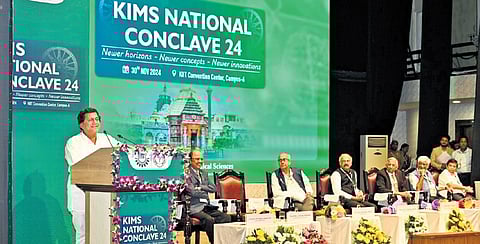 Founder of KIIT, KISS and KIMS Achyuta Samanta speaking at the national health conclave on Saturday.