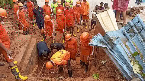 NDRF personnel during rescue work in a flood-hit area in the aftermath of Cyclone Fengal, in Tiruvannamalai.