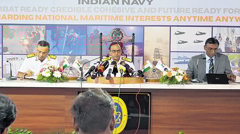 Southern Naval Command Chief Vice Admiral V Srinivas, Chief of Staff Upal Kundu and defence spokesperson Atul Pillai addressing media on Monday.