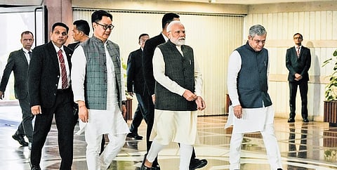 PM Modi, along with Union Ministers Kiren Rijiju and Ashwini Vaishnaw, arrives to watch special screening of ‘The Sabarmati Report’ in Parliament complex.