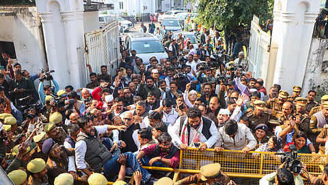: Uttar Pradesh Congress President Ajay Rai after police prevented the party delegation from going towards violence-hit Sambhal, outside party office in Lucknow.
