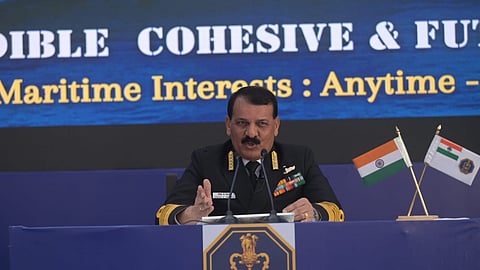 Navy Chief Admiral Dinesh K Tripathi addresses the annual Navy Day press conference in New Delhi on Monday.  