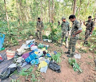 Mulugu Superintendent of Police P Shabarish inspects the scene of Maoists encounter in Mulugu on Sunday