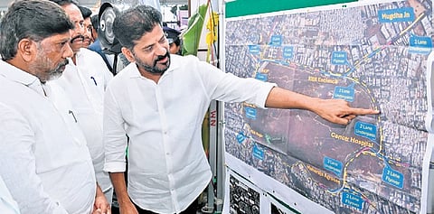 Chief Minister A Revanth Reddy and Deputy Chief Minister Mallu Bhatti Vikramarka at a foundation laying programme for MAUD projects at HMDA Grounds in Hyderabad on Tuesday