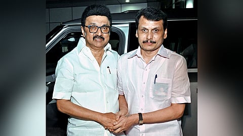 Tamil Nadu Minister Senthil Balaji (R) with Chief Minister MK Stalin in Chennai.