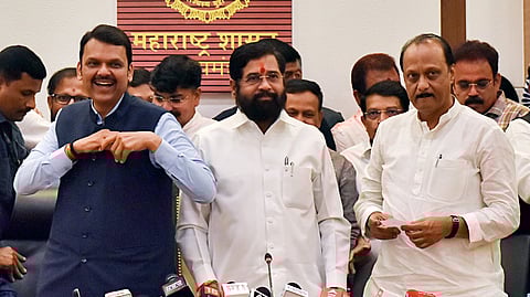 Maharashtra Chief Minister Eknath Shinde, Deputy CMs Ajit Pawar and Devendra Fadnavis during a press conference in Mumbai after the alliance victory in the recently concluded Assembly elections.