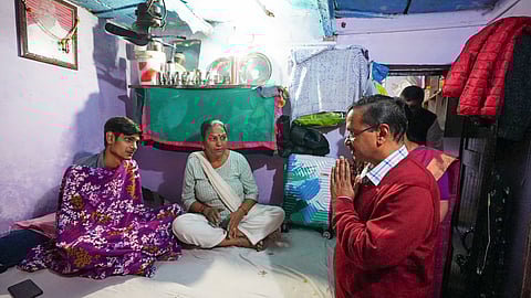 Former Delhi chief minister and AAP National Convenor Arvind Kejriwal during a meeting with the family of a youth who died after being attacked by goons, at Shalimar Bagh in New Delhi, Tuesday, Dec. 3, 2024. 