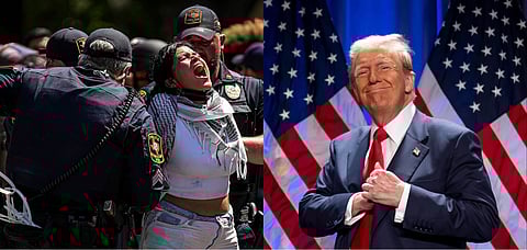 (L) A student being detained during pro-Palestine protests at the University of Texas at Austin. (R) Donald Trump during an election campaign. 