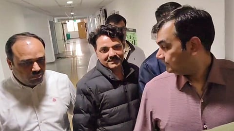 AAP MLA Naresh Balyan (C) being produced in the Rouse Avenue Court, in New Delhi, Tuesday, Dec. 3, 2024.