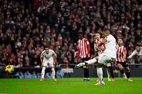 Real Madrid's Kylian Mbappe fails to score a penalty during the Spanish La Liga football match between Athletic Bilbao and Real Madrid at the San Mames stadium in Bilbao.