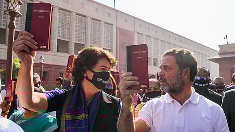 Leader of Opposition in the Lok Sabha Rahul Gandhi and Congress MP Priyanka Gandhi take part in a protest march of opposition MPs over Adani issue during the Winter session of Parliament, in New Delhi.